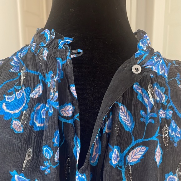 Rebecca Taylor Sleeveless Metallic Print Silk Top in Blue & Black Size 0 - Picture 7 of 11